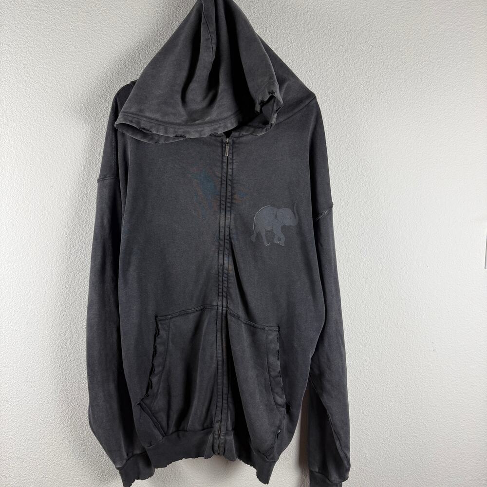 Balenciaga Destroyed Zip-Up Hoodie Elephant Graphic Faded Black Grey Size M